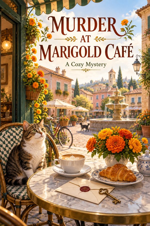 Cover “Murder at Marigold Café”, created in AI Studio